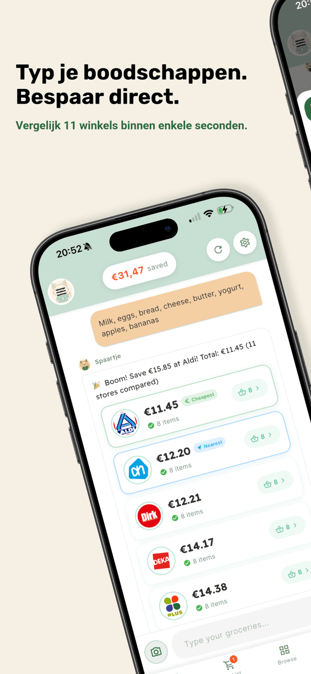 Spaartje app screenshot showing price comparison across Dutch supermarkets