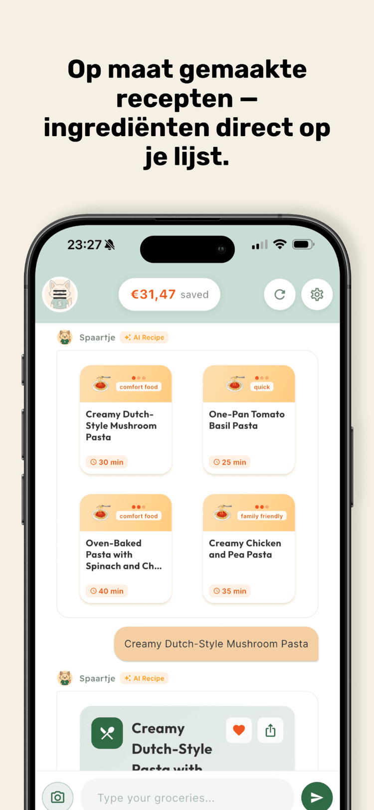 Op maat gemaakte recepten — ingrediënten direct op je lijst.
